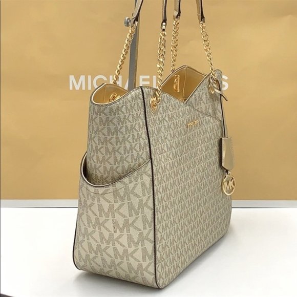 MICHAEL KORS LARGE X CHAIN SHOULDER TOTE BAG PALE GOLD COLOR - Picture 4 of 16